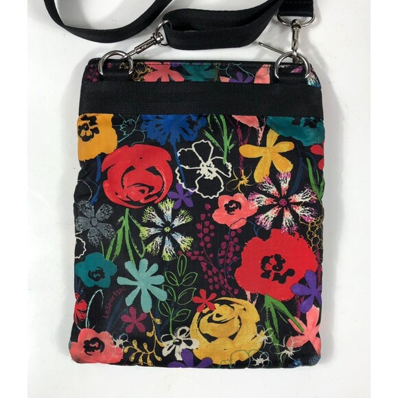 Vibrant LeSportsac Crossbody Pouch Bag Black Floral Multi-Zip Travel Shoulder - Picture 3 of 10